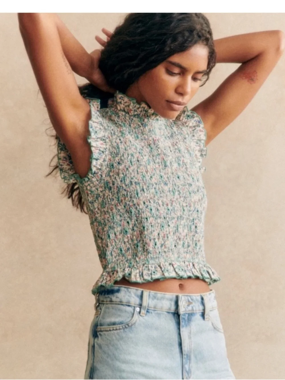 Sezane NEW Samona Blouse Smocked Ruffle Sleeveless Ostuni Floral Cottagecore 8 - Picture 1 of 7